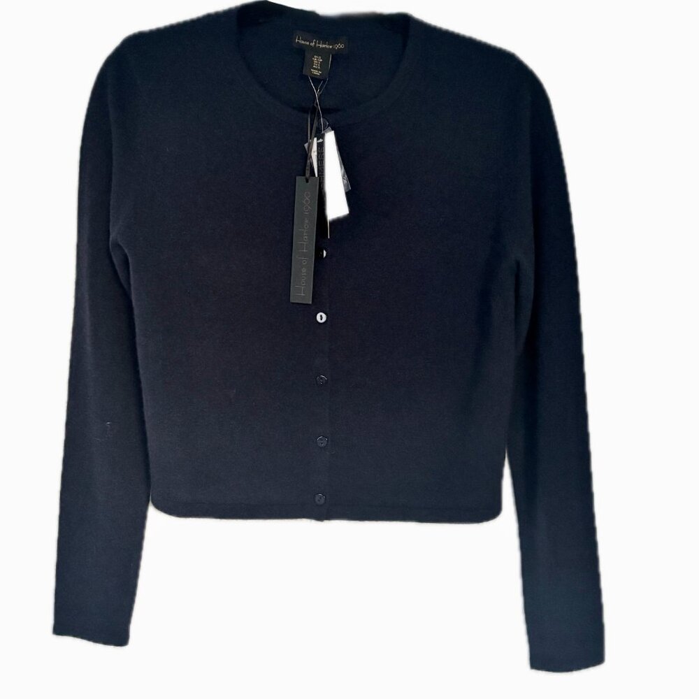 House of Harlow 1960 Cropped Cardigan Navy Blue Crew Neck Cashmere Sweater NEW